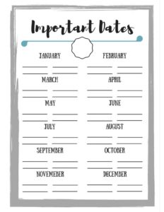 important dates printable, important dates, calendar organization