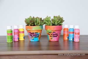 DIY teacher gift, DIY succulent pot, painting pots, garden gift, teacher appreciation gift, teacher gift, end of the school year gift, crafts with kids, kid crafting, kid painting